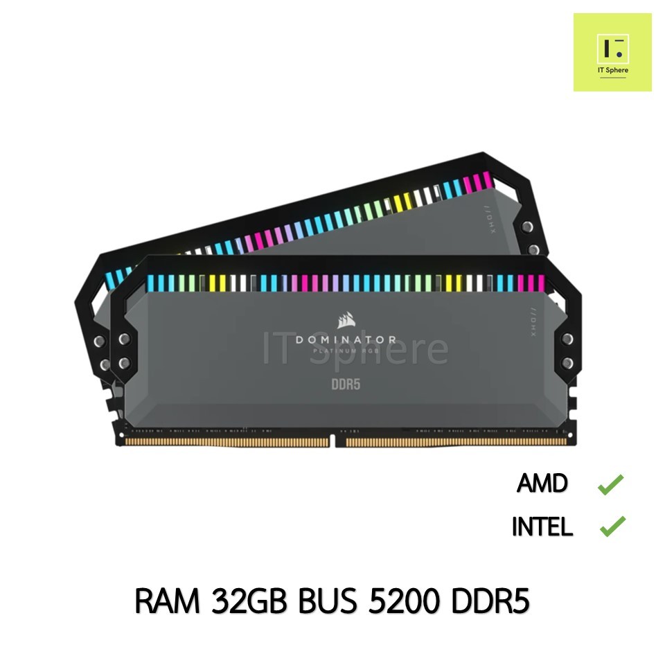 Ram Corsair Dominator 32GB Bus 5200 DDR5 RYZEN AMD สีเทา แรม grey gray PLATINUM RGB 16x2GB 5200MHz CMT32GX5M2B5200Z40