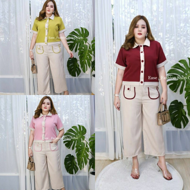 เสื้อแฟชั่นคอปกกระดุมหน้า + กางเกง7ส่วน เนื้อผ้าสวมใส่สบาย พร้อมส่ง