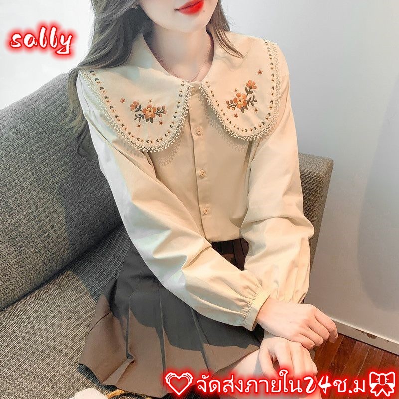 จัดส่งภายใน24ช.ม เสื้อเชิ้ต กระดุมแถวเดียว เย็บปักถักร้อย การออกแบบ หวานสวย สดชื่น ทรงหลวมพอดีตัว เหมาะกับทุกสไตล์