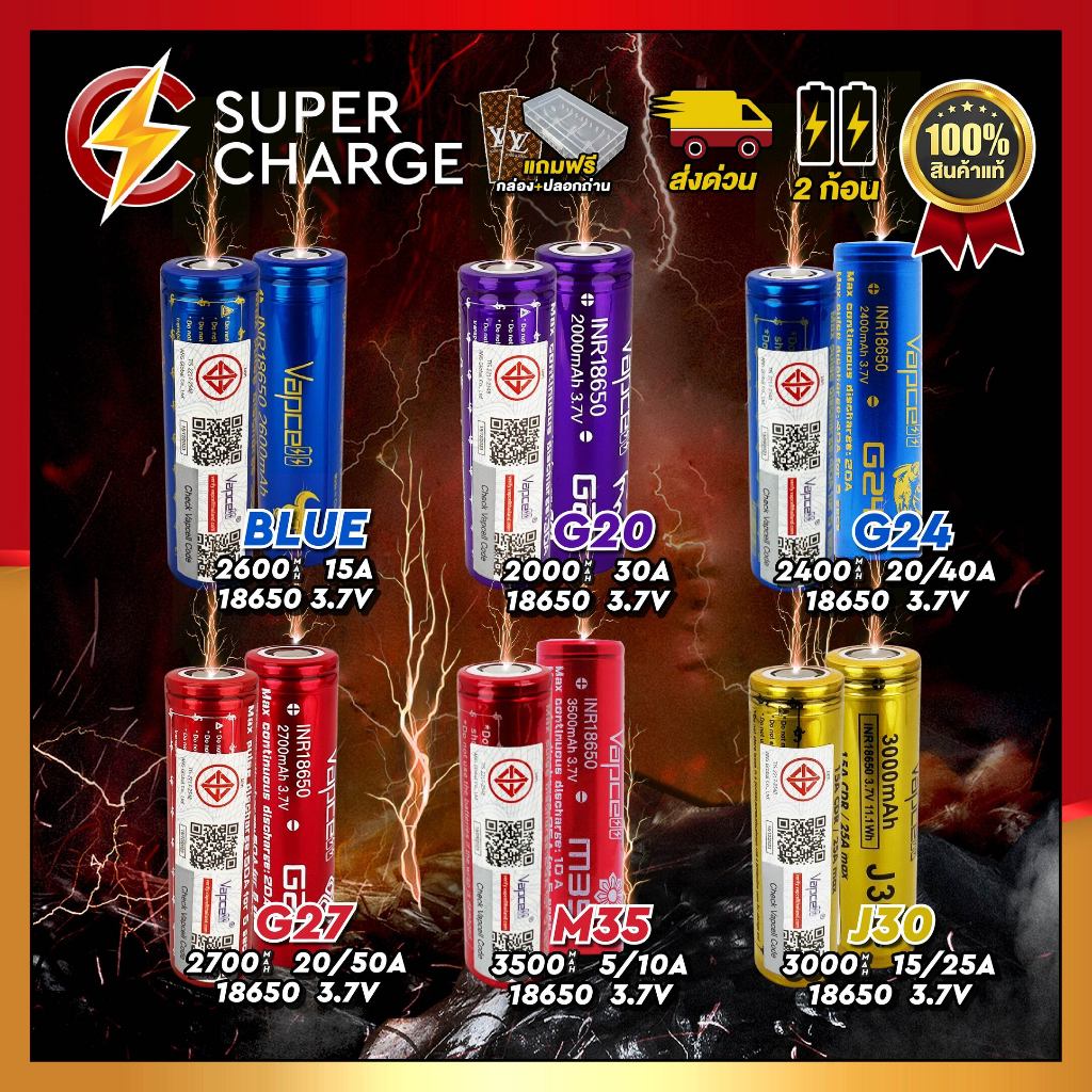 ถ่านชาร์จ 18650 ขายดีราคาถูกที่สุด [2ก้อนแถมกระเป๋า] [สินค้าของแท้💯เช็คโค้ดได้]