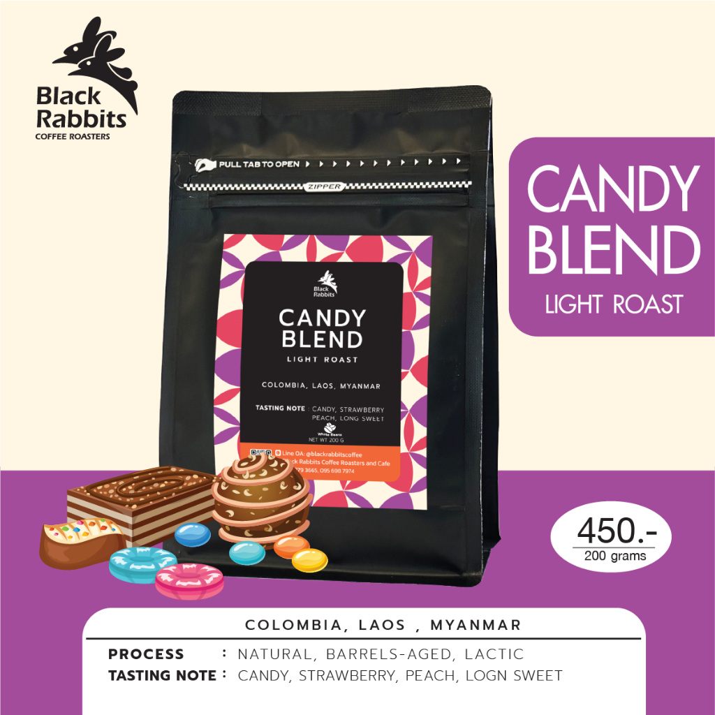 Black Rabbits เมล็ดกาแฟ คั่วอ่อน - CANDY BLEND 200 g.  กาแฟกลิ่น ลูกอม สตรอเบอรี่ พีช หวาน