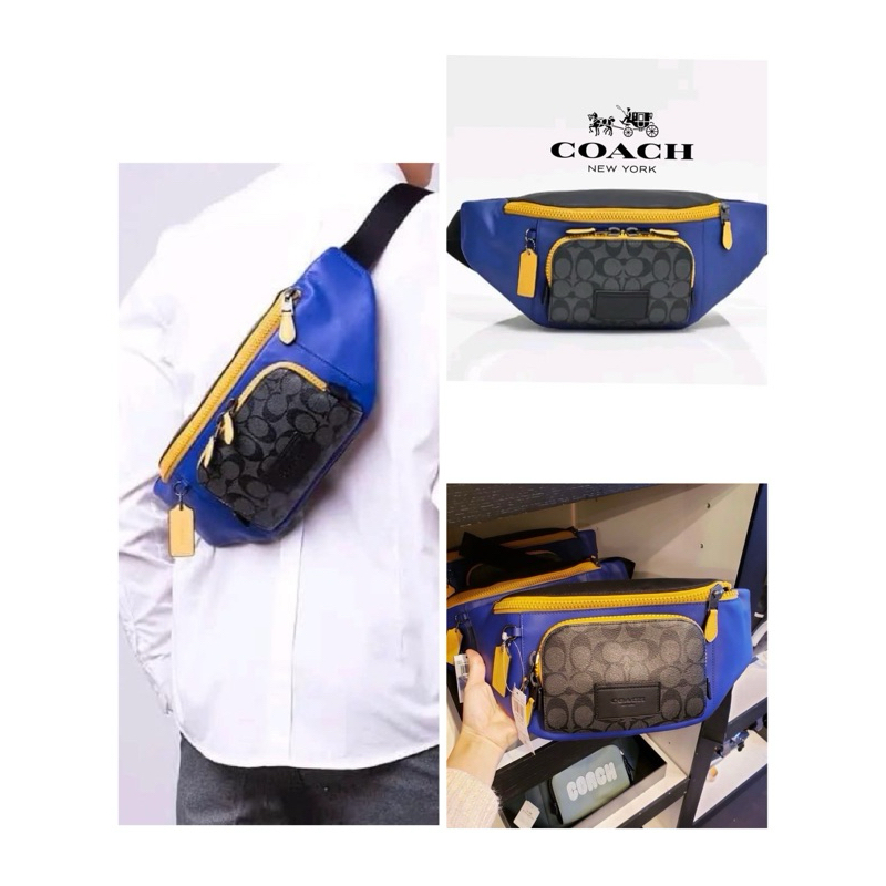 (ผ่อน0%) TRACK BELT BAG IN COLORBLOCK SIGNATURE CANVAS (COACH C6652) กระเป๋าคาดอก คาดเอว หนังแท้ สีน้ำเงิน 16 นิ้ว