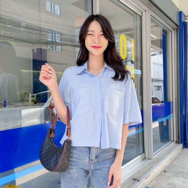 9.เชิ้ตครอปสั้น ผ้าซิลด์เกาหลี งานพรีเมี่ยมคุณภาพแบรนด์ wanwan clothing