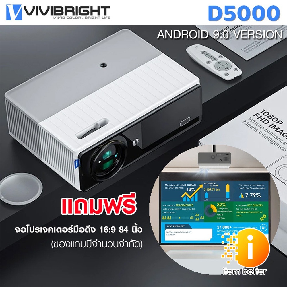 PROJECTOR VIVIBIGHT D5000 FULL HD  มีเลือก 2 แบบ ANDROID 9.0 , Mirroring Version เเถมฟรีจอขนาด 84 นิ้ว