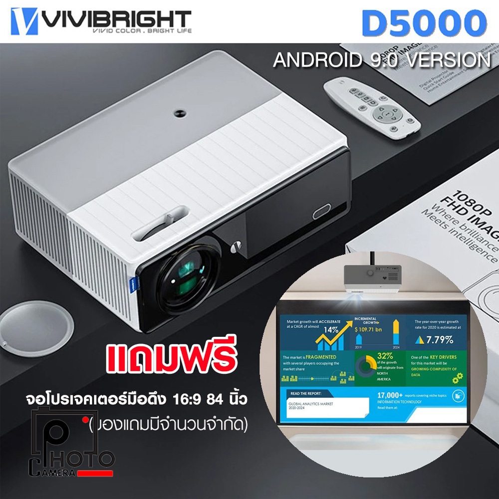 PROJECTOR VIVIBIGHT D5000 FULL HD ระบบ ANDROID 9.0 เเละ Mirroring Version เเถมฟรีจอโปรเจอคเตอร์ขนาด 84 นิ้ว