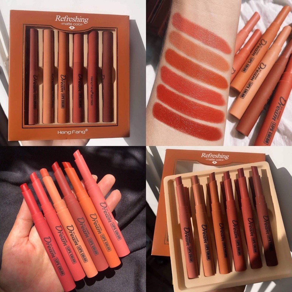 9091B  ลิปติก 6 ชิ้น 6 สี โทนส้มอิฐ โทนแดงก่ำ สดใส สีเนียน ติดทนนาน สำหรับทาริมฝีปาก