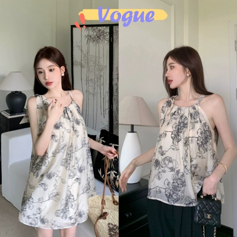 Vogue พร้อมส่ง เสื้อสายเดี่ยว/เดรส ผ้าไหมพรม ขายแยกกันดีเทลลายดอกไม้ (T813/T813-1)