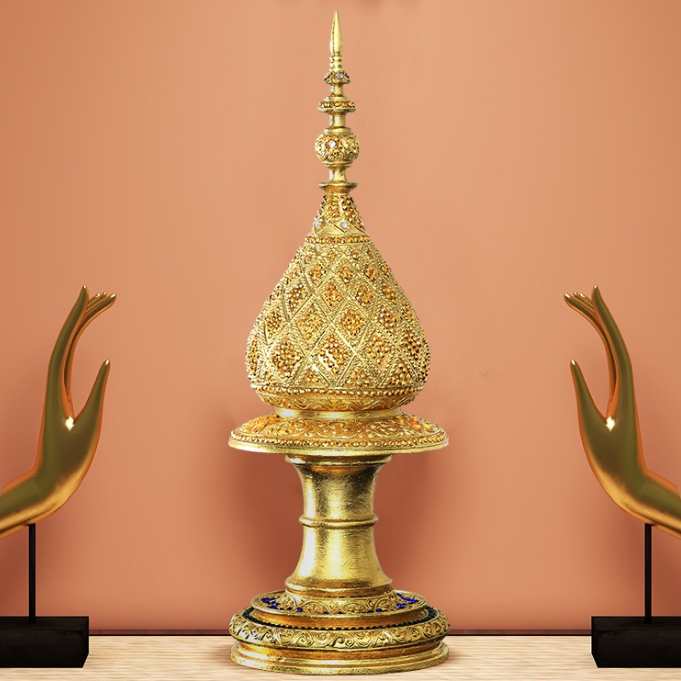 THAILUCKY พานพุ่ม สีทองติดกระจก พานไม้แกะสลัก พานทรงสูง ลวดลายสไตล์ล้านนา ใช้ตกแต่งบ้าน โรงแรม รีสอร์ท วัดอื่นๆ งานละเอี