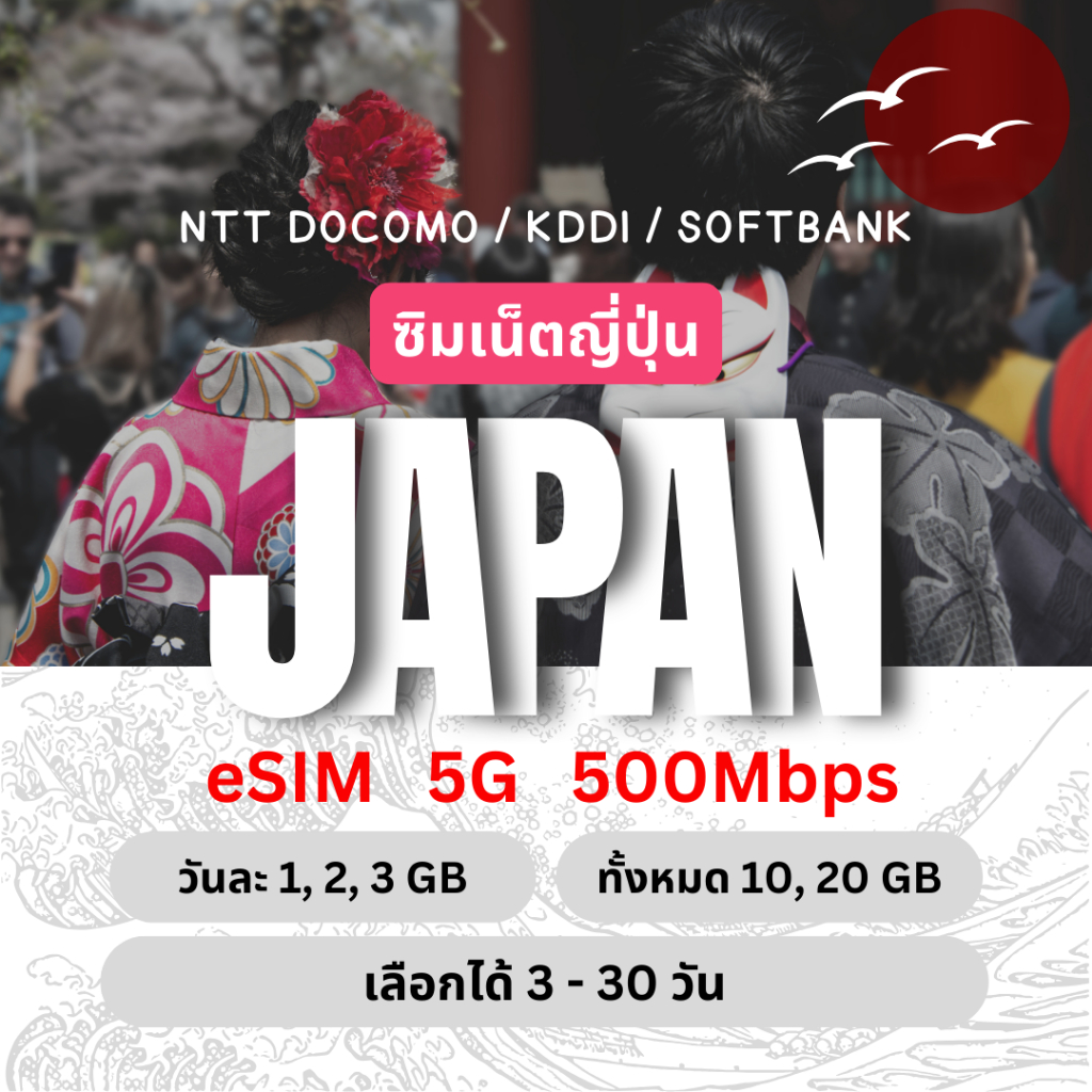 [eSIM] Japan ซิมเน็ตญี่ปุ่น 5G/4G วันละ 1, 2, 3 GB/ทั้งหมด 10, 20 GB ซิมเน็ตรายวัน รวมทริป