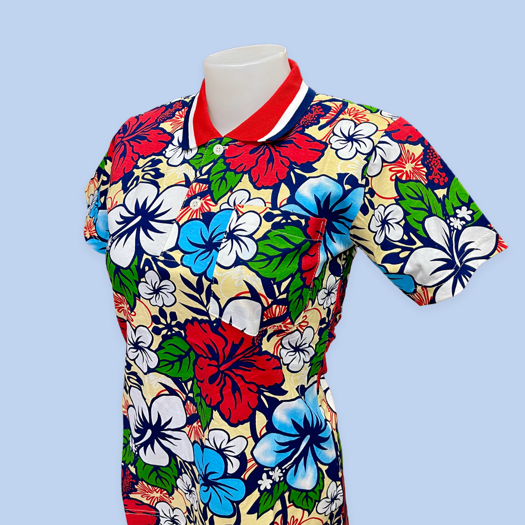 YW garment เสื้อโปโลผู้หญิง SG001 เสื้อสงกรานต์ผู้หญิง เสื้อลายดอกผู้หญิง ทรงเข้ารูป ลายดอก ไม่ยับ ไม่ร้อน ปกแดง