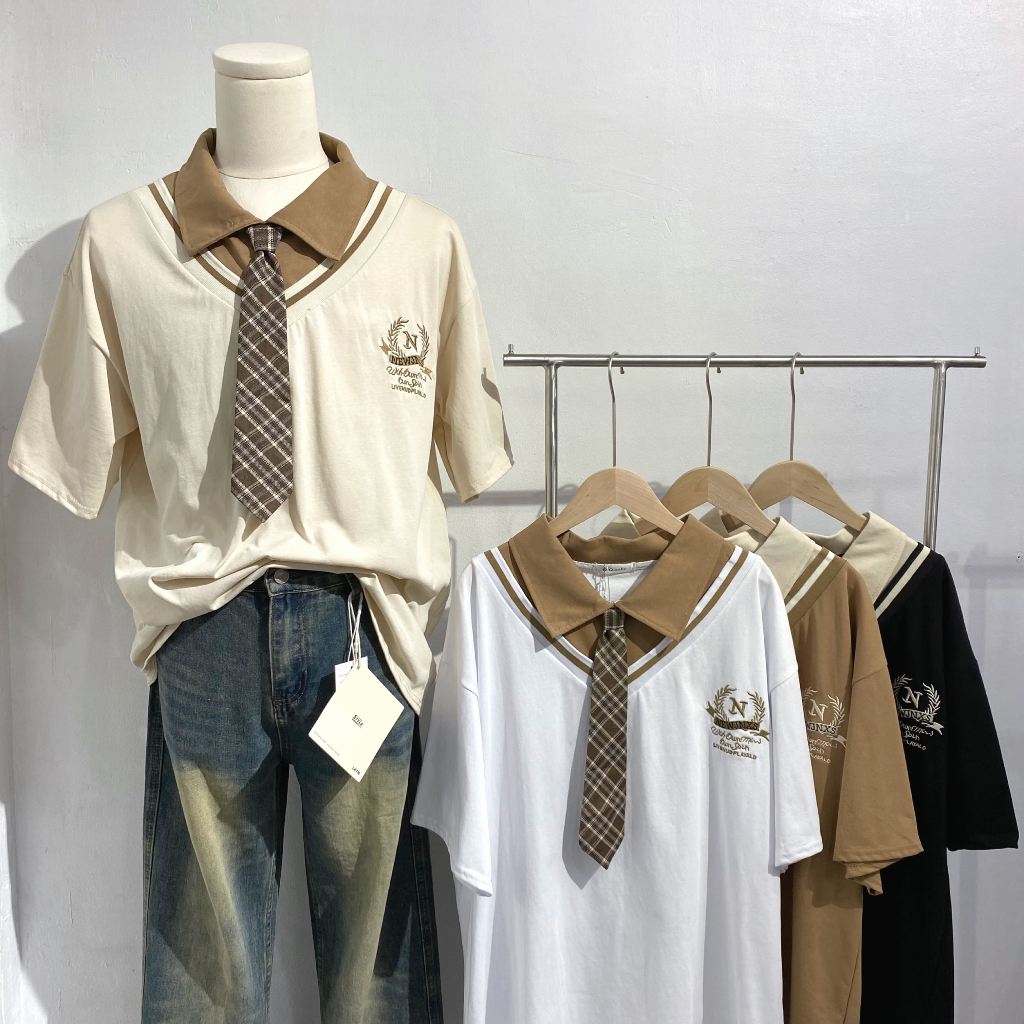 A.M BOY [เอเอ็ม บอย] Easy High School Style โปโลโอเวอร์ไซส์สไตล์2ชั้นแต่งด้วยเนคไท เนื้อผ้าคอตตอน #QQE