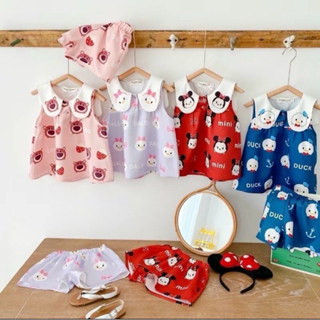 ชุดเซ็ตลูกสาวคอปกแขนกุดลายการ์ตูน