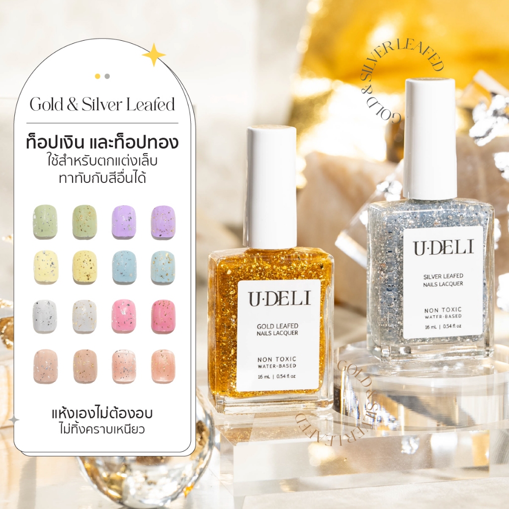 Gold Silver Leafed Nail Lacquer สำหรับตกแตกแต่งเล็บ ไม่ต้องอบ ท็อปเงิน ท็อปทอง ไม่ทิ้งคราบเหนียว