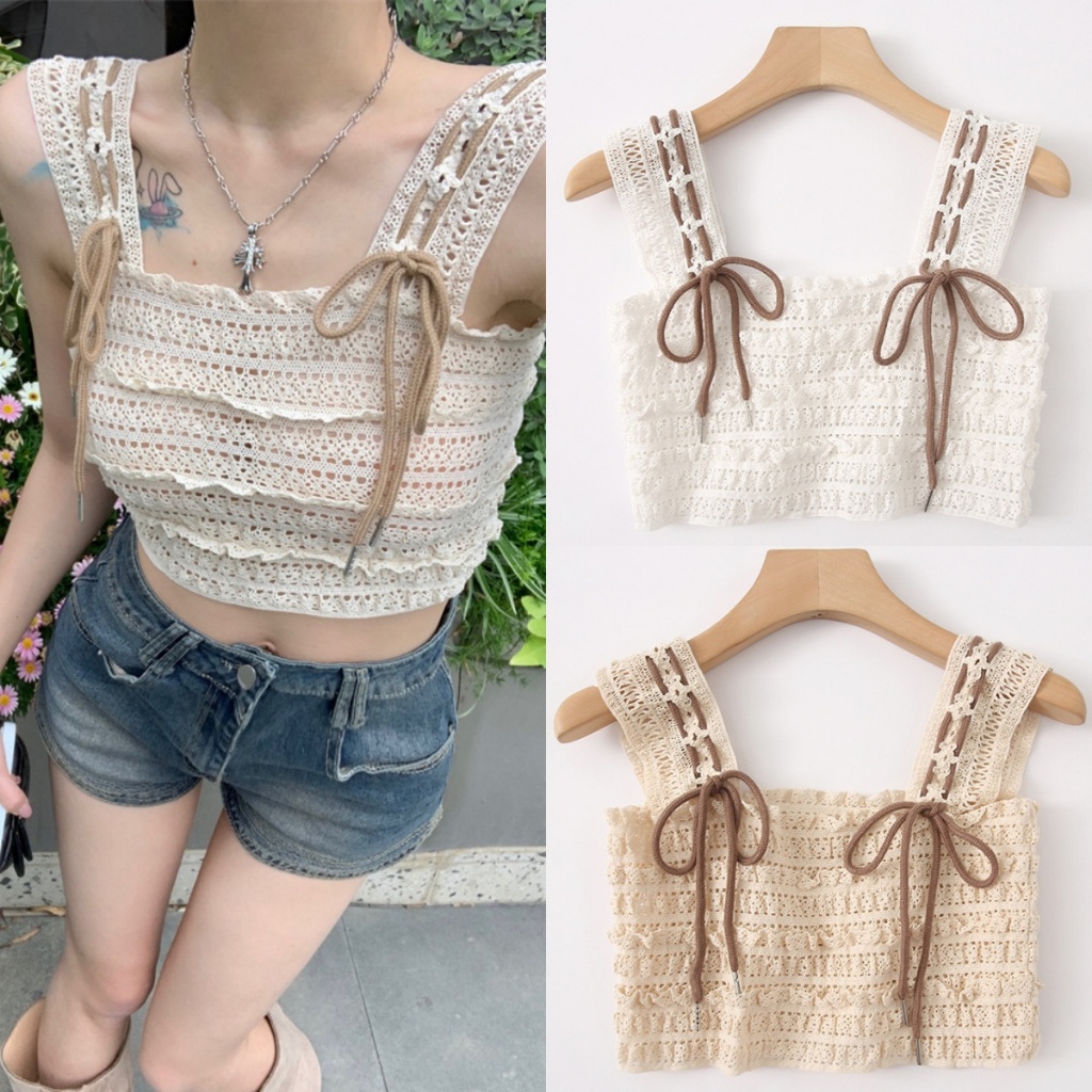 พร้อมส่ง เสื้อครอปไหมพรมถัก พร้อมเชือกถักสายแขน  น่ารัก