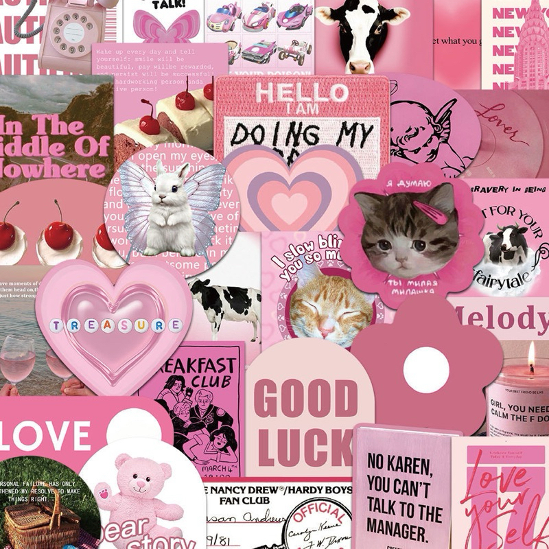 พร้อมส่ง!สติ๊เกอร์สีชมพู ภาษาอังกฤษ กันน้ำ น่ารัก 60ชิ้น สติกเกอร์ตกแต่ง diy