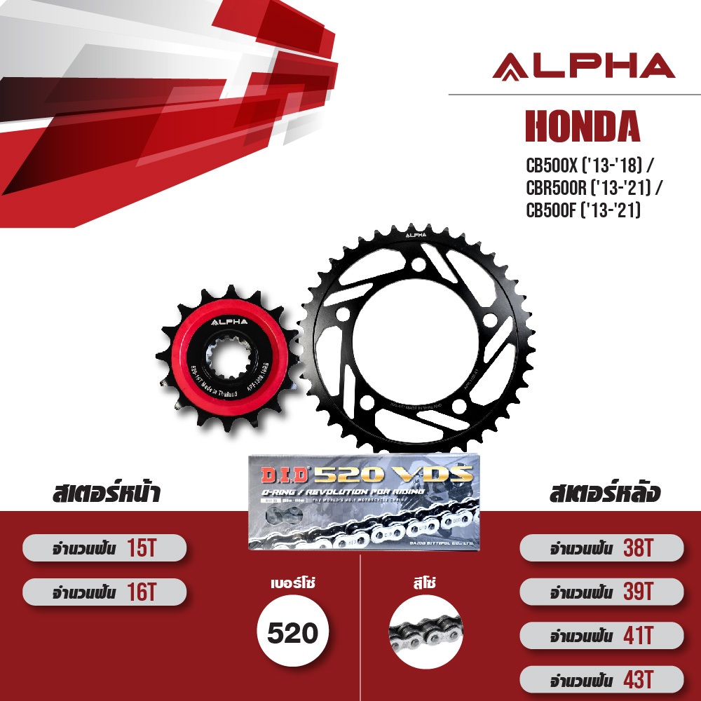 ALPHA ชุดโซ่สเตอร์ เปลี่ยน Honda CB500X ('13-'18) / CBR500R ('13-'21) / CB500F ('13-'21) โซ่ D.I.D VDS 520 สีเหล็ก