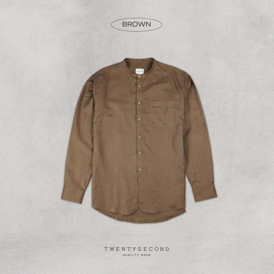 TWENTYSECOND เสื้อเชิ้ตแขนยาวคอจีน ผ้าลินิน รุ่น Austin Band Collar Shirt - น้ำตาล / Brown