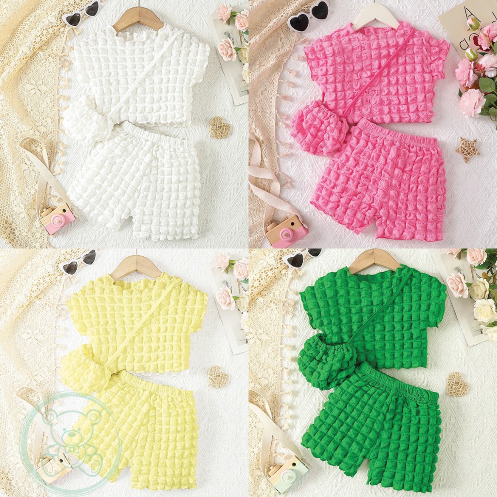 ชุดเซ็ตเด็ก (เสื้อครอป+กางเกงขาสั้น+กระเป๋าน่ารักๆ)