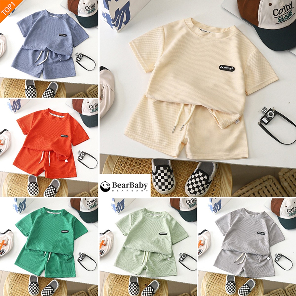 เสื้อยืดเด็ก เสื้อยืด+กางเกงขาสั้น ชุดลำลองเด็ก ผ้าวาฟเฟิล สีพื้น ไซส์100-150 เด็กโตใส่ได้