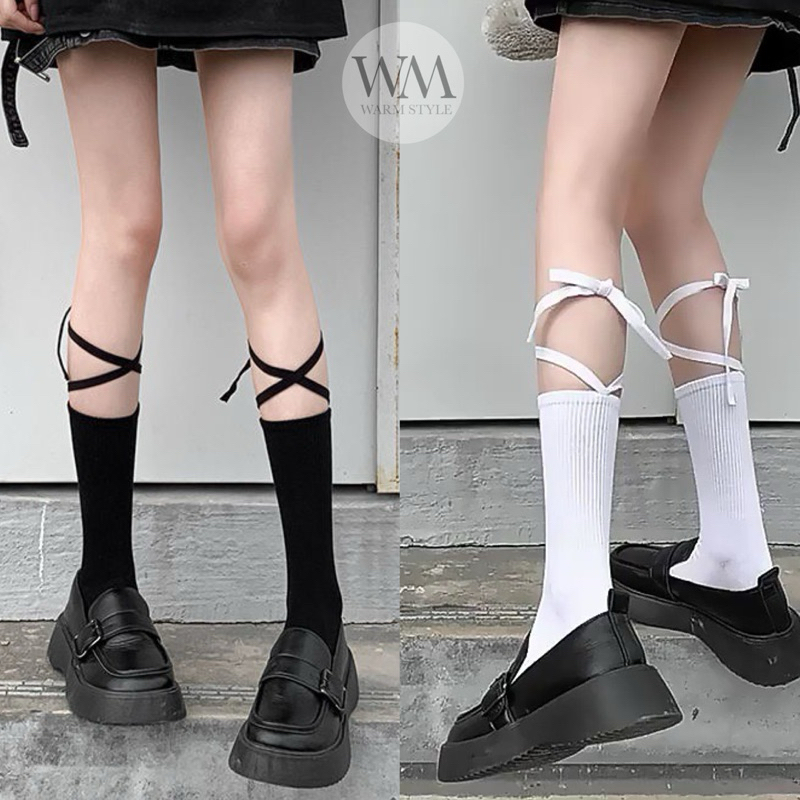 [พร้อมส่งไทย] ถุงเท้ายาว ถุงน่อง สีพื้น มีเชือกผูก สไตล์นักเรียนญี่ปุ่นเ เนื้ิอผ้านิ่มใส่สบายไม่คัน