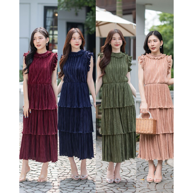 NOOZZSHOP 5911125 เดรสยาวผ้าพลีท แขนกุด จัมเอว เดรสไปทำงาน