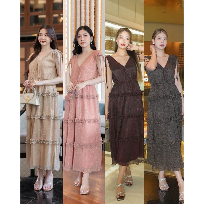 NOOZZSHOP 5211084 เดรสยาวผ้ากิจเตอร์ แขนกุด รูดหัวไหล่ ชุดไปคาเฟ่