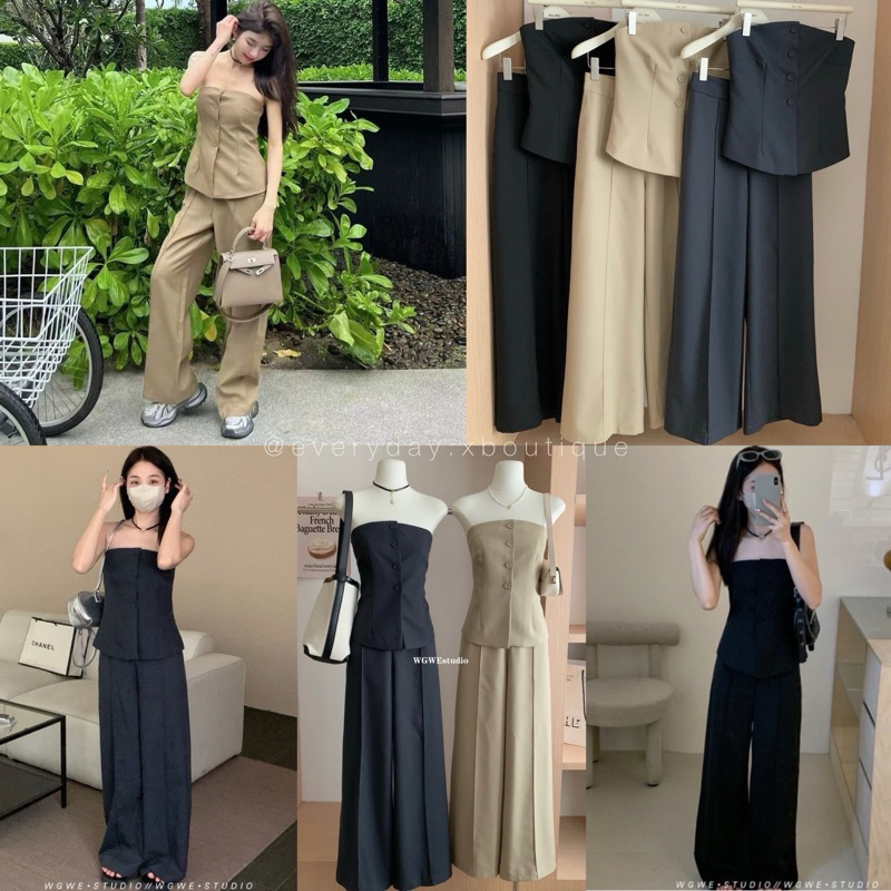 MONLY set 2 pcs. (S,M) ชุดเซ็ต เสื้อเกาะอก ติดกระดุมหน้า งานสวยมาก มีซับในตัว มาพร้อมกางเกงขายาว ทรงขากระบอก wg.we