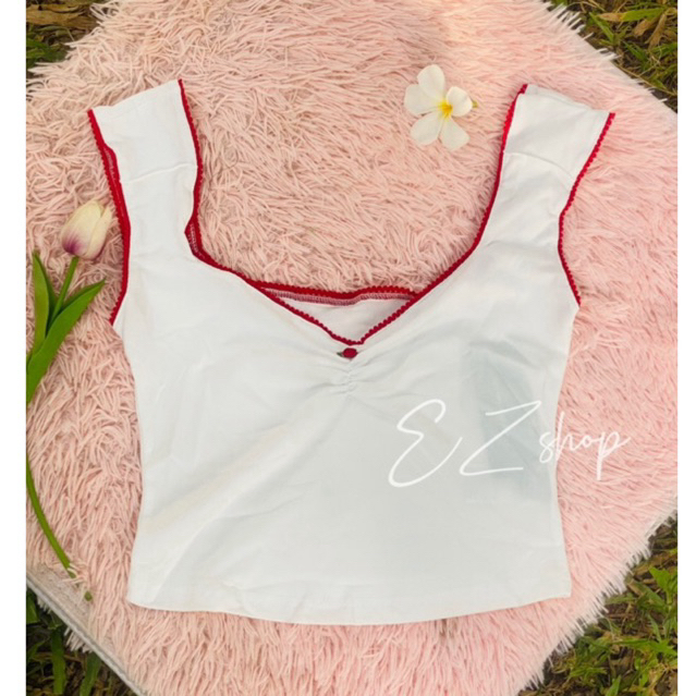 Ezshop (พร้อมส่งM,L)เสื้อยืด ฤดูร้อน ขอบผูก บล็อกสี จับจีบ คอรูปหัวใจ