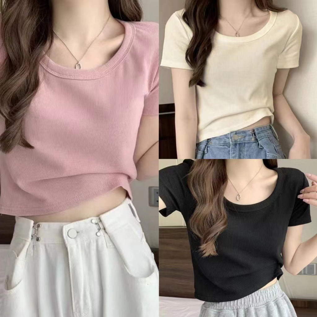 Beryl👚เสื้อยืด🎈🎈แขนสั้นผ้าไหมน้ำแข็งสีทึบทรงเข้ารูปเรียบง่ายของผู้หญิง