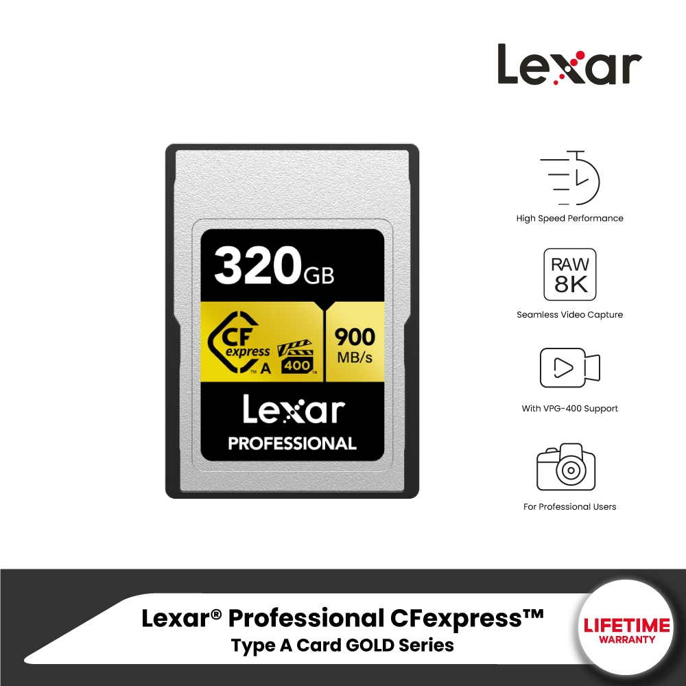 Lexar CFexpress Type A 320GB (ซีเอฟเอ็กเพรสการ์ด) VPG400 RAW 8K RW900/800MB/s (LCAGOLD320G) for Sony