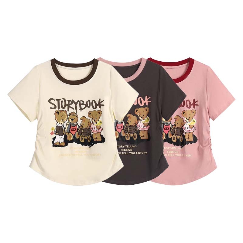 【พร้อมส่ง】เสื้อยืดแขนสั้น พิมพ์ลายการ์ตูน ประดับมุก แบบผูกเชือก