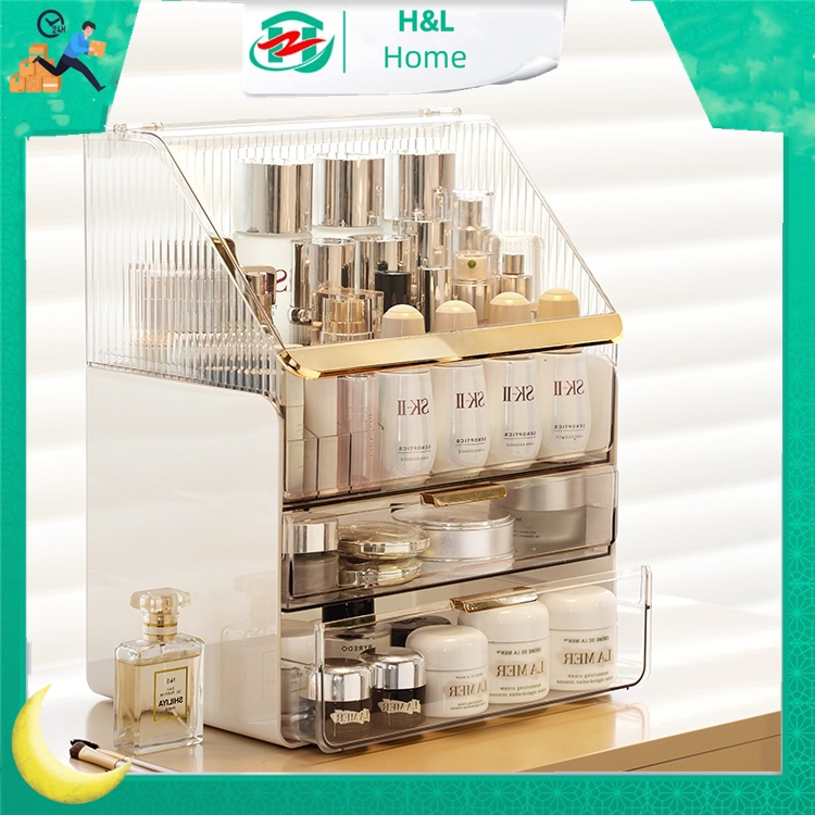 【H&L】กล่องเก็บเครื่องสำอาง PET ใส มีลิ้นชัก ชั้นเก็บเครื่องสำอาง พร้อมช่องใส่ลิปสติก ใส่เครื่องสําอาง