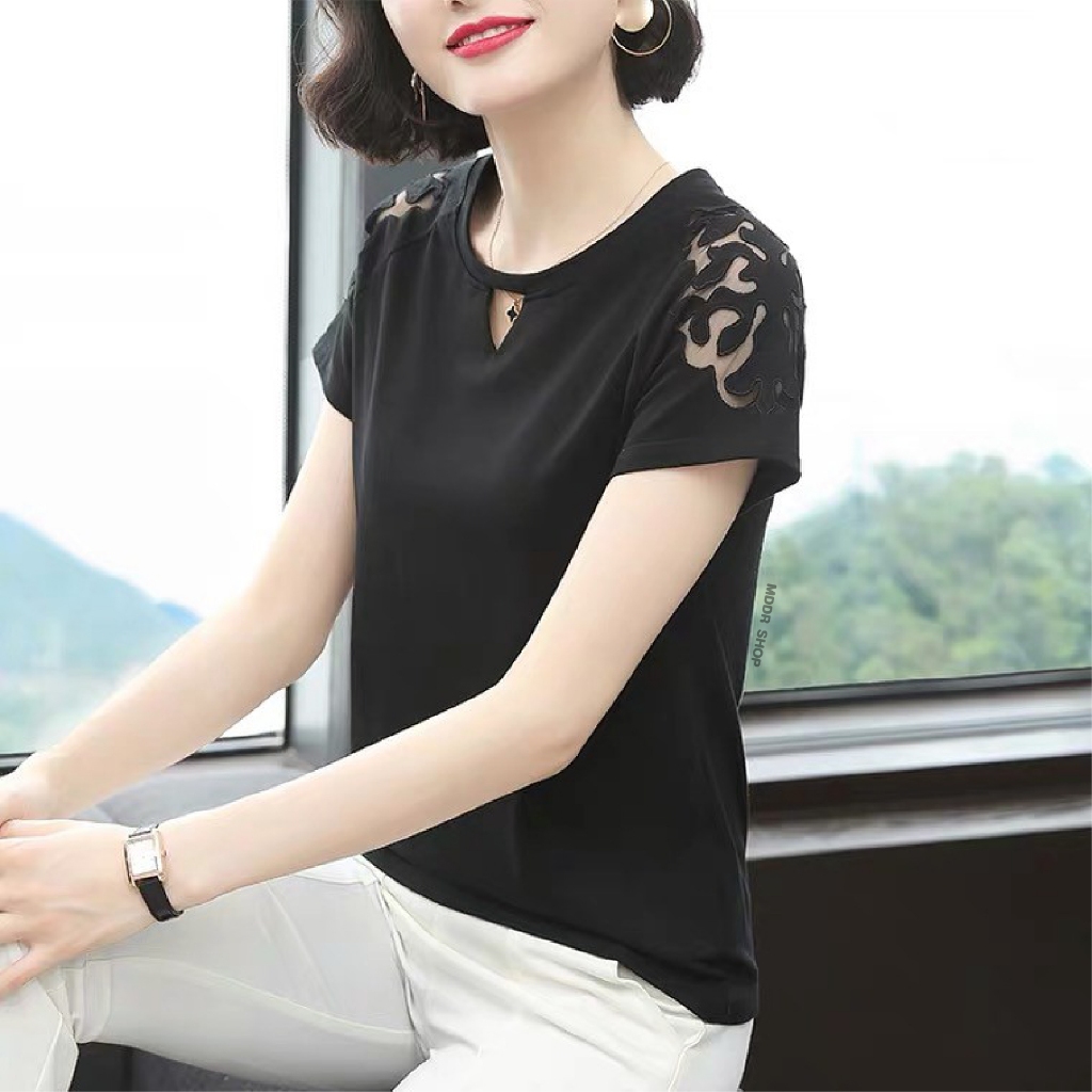 Qเสื้อยืดลายไทย แต่งลายที่ไหล่ผ้าซีฟอง / 471-474