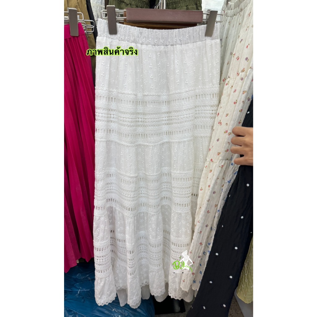 กระโปรงยาวผ้าคอตตอลแต่งช่วงต่อลูกไม้ ชายกระโปรงแต่งระบาย #9907 - รูปที่ 5