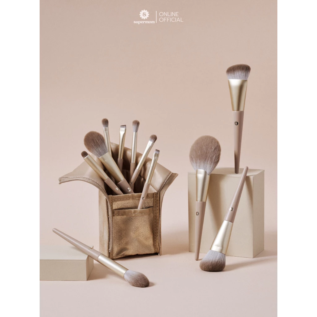SUPERMOM l Warm and Gray brush set (ชุดแปรงแต่งหน้า ขนสังเคราะห์ เกรดพรีเมี่ยม จำนวน 11 ด้าม พร้อมกระเป๋าแบบตั้งได้)