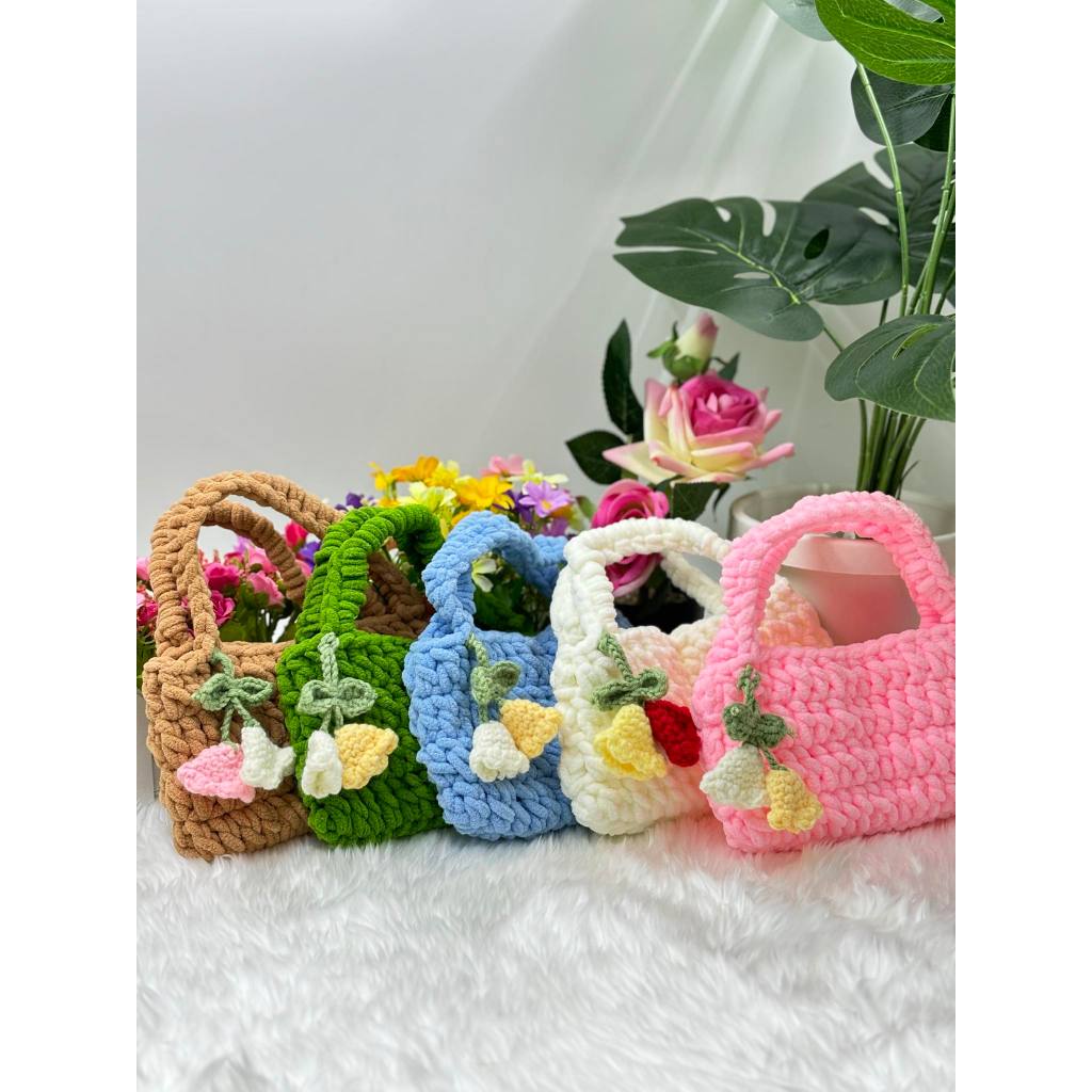 กระเป๋าถักไหมพรมไหมอูด้ง แต่งรูปดอกไม้ Handmade กระเป๋าถือ Diy น่ารัก พร้อมส่ง 818