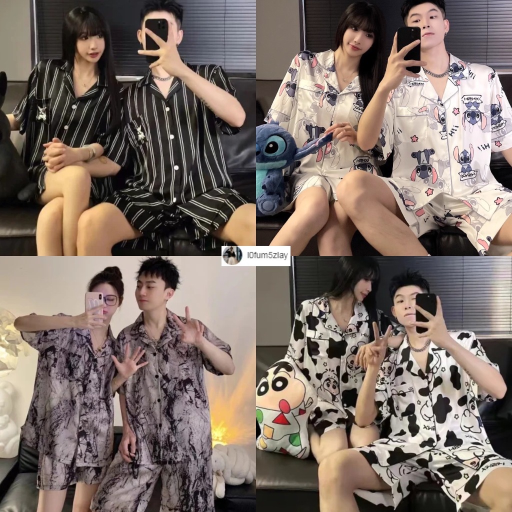 🔥(ราคาถูกที่สุด) สไตล์ญี่ปุ่น-เกาหลี， ชุดนอนสําหรับคู่รัก， ผ้าซาตินเรียบ， 3 รูปแบบ， ขาสั้น+เสื้อ，M-3XL