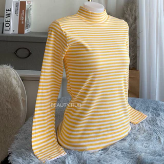 [037] เสื้อคอเต่า แขนยาว ลายริ้ว สีพื้น เต็มตัว ทรงสวยสไตล์เกาหลี