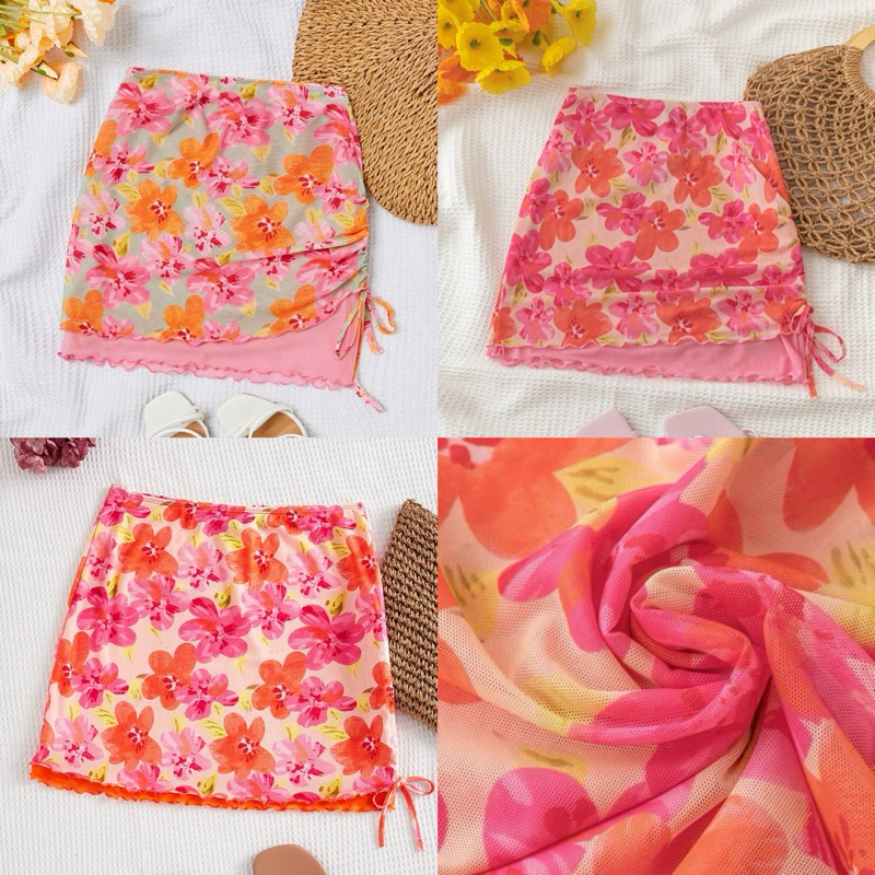 พร้อมส่ง กระโปรงสั้น มีเชือกรูดด้านข้าง ลายดอกไม้ สดใสเวอร์มาก มีซับใน