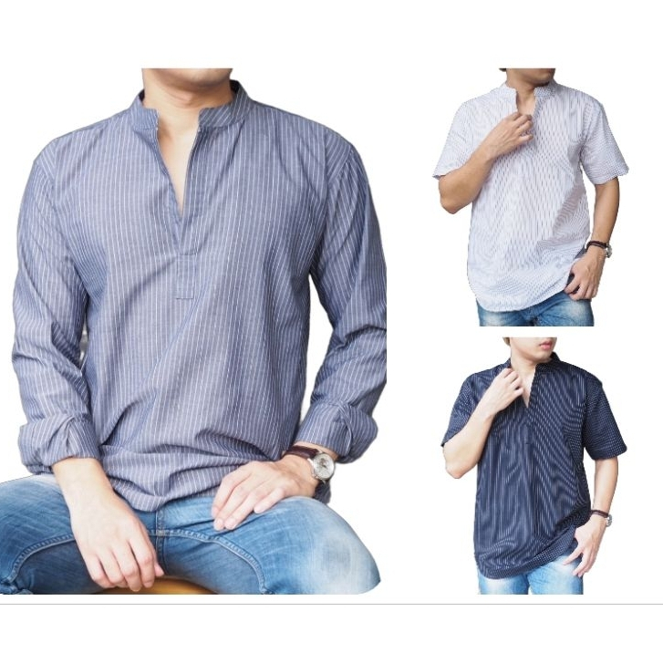 เสื้อเชิ้ต คอโปโล ลายริ้ว เสื้อเชิ้ตผู้ชายแขนยาว เสื้อเชิ้ตแบบลายริ้ว