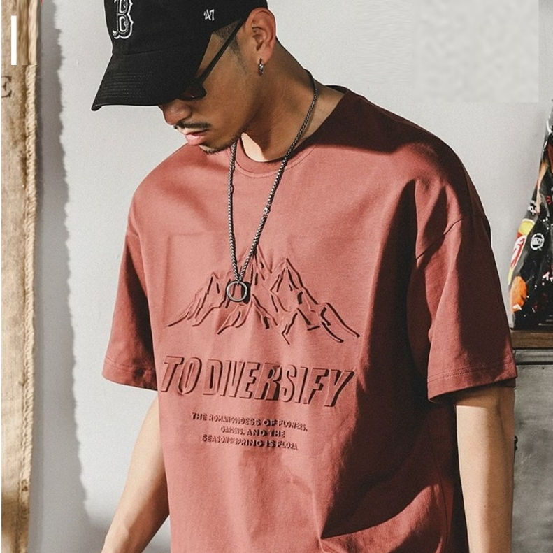 fashiongirl1688 พร้อมส่ง เสื้อยืดคอกลมแขนสั้นผู้ชาย ลายนูนรูปภูเขาแนววินเทจ 90Sเท่ๆคูลๆแต่งตัวมาดแมน