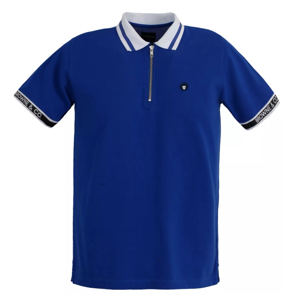 BROWNE & CO. เสื้อโปโล คอตตอน สีCobalt Blue คอ แขน ตัดต่อผ้าทอ แต่งซิปสีเงิน รุ่น LPT009-1-BU