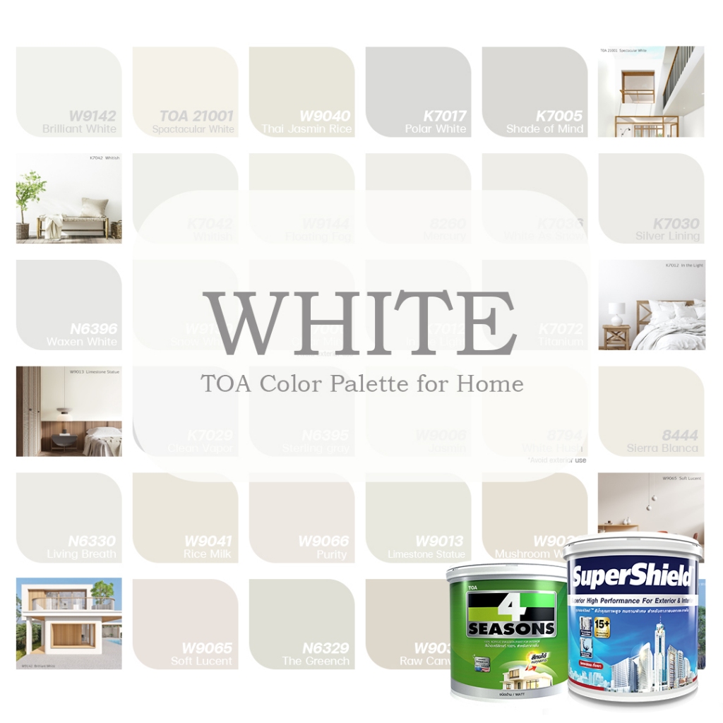 NEW TOA White โทน สีขาว เฉดสีอบอุ่น สีทาภายนอกและภายใน โทนออฟไวท์ ขนาด 1 ลิตร ซุปเปอร์ชิลด์กึ่งเงา โฟร์ซีซั่นส์ภายในด้าน