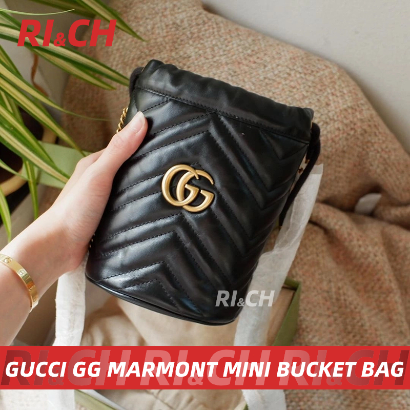 #Rich Gucci ราคาถูกที่สุดใน Shopee แท้💯GUCCI GG MARMONT MINI BUCKET BAG กระเป๋าถัง