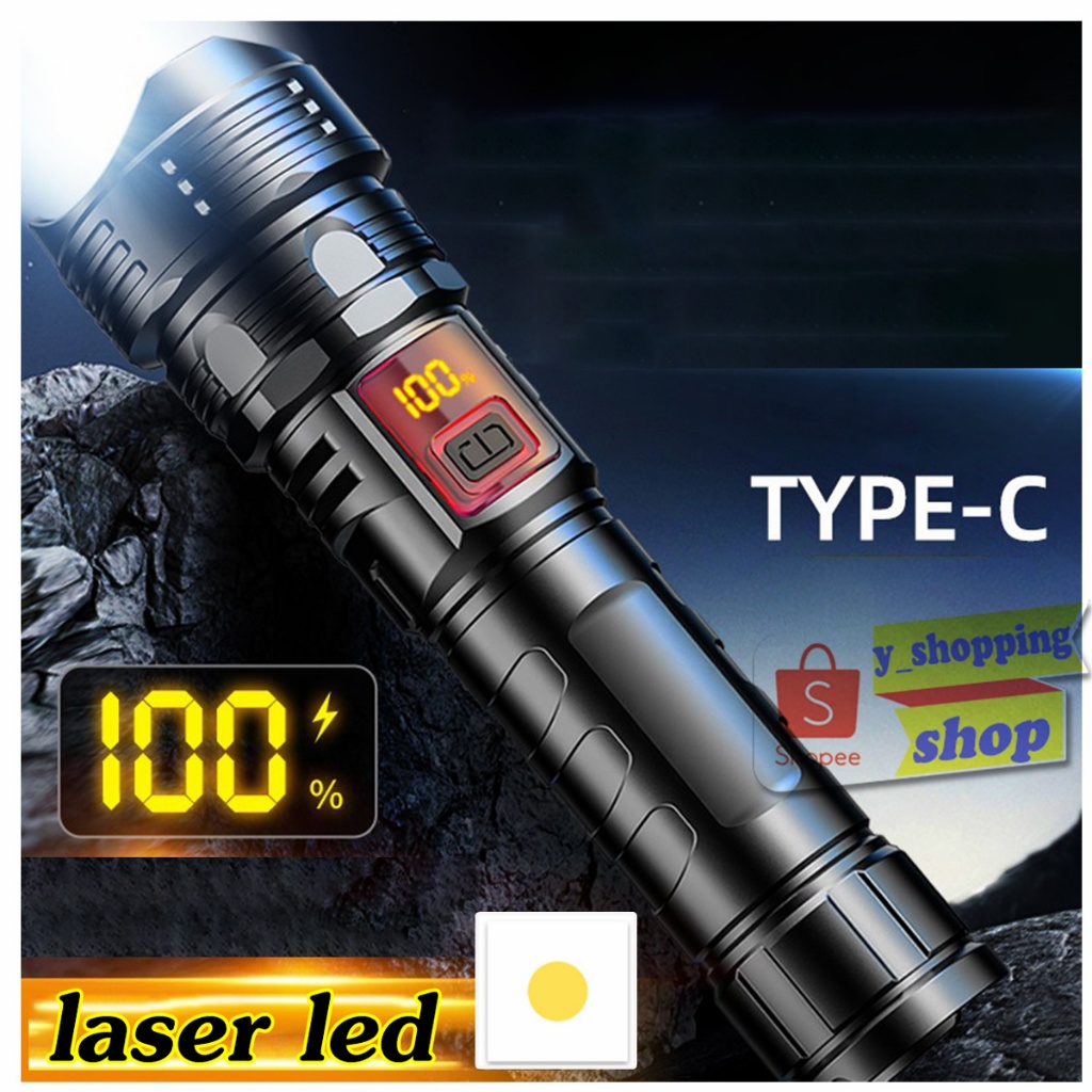 S008 LASER LED ไฟฉายพกพา พลาสติก  flashlight  2โหมด ซูมได้  USB TYPE-C Rechargeable