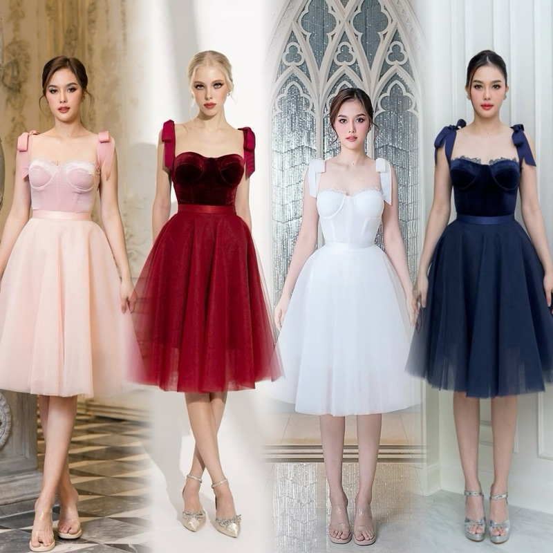 D8 [งานป้าย] Luxe Set ชุดเซ็ตเสื้อสายเดี่ยวผูกโบว์ไหล่+กระโปรงบาน สีชมพู สีขาว ไซส์ S-XL