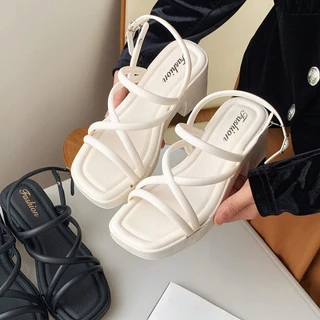 Fshoes NEW รองเท้าแตะแฟชั่นแบบสวมส้นสูง ความสูงอยู่ที่ 8เซน เป็นงานสายไขว้ พร้อมกับสายรัดส้น ปรับระดับได้ด้วย ใส่แล้วเ