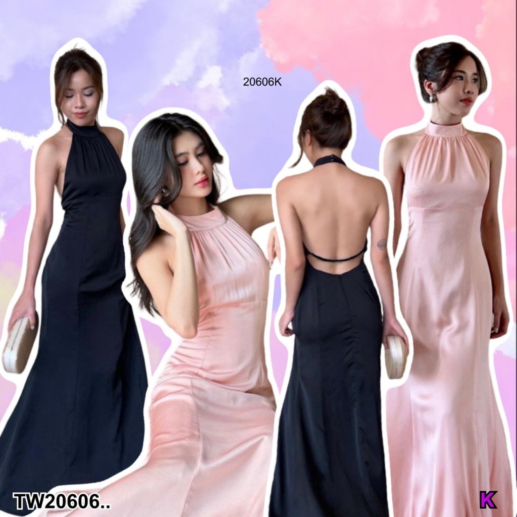 TwinsShopVip💗พร้อมส่ง TW20606  แม็กซี่เดรสยาว คอชิดกนะดุมคอหลัง ..