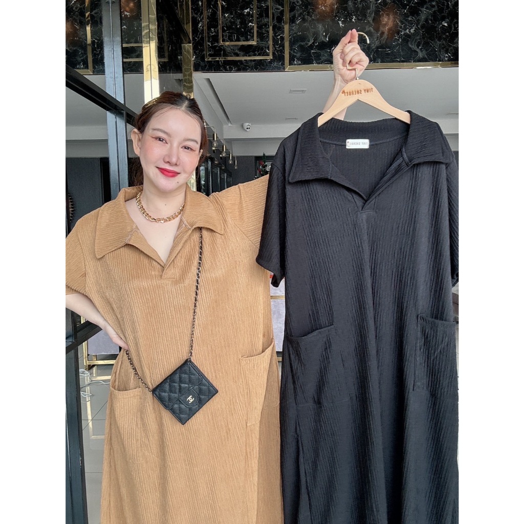 เดรสรุ่นใหม่ คอปกสไตล์เกาหลี เนื้อผ้าท็อฟฟี่นุ่มนิ่ม มีกระเป๋าหน้า งานจริง สวยตรงปกไม่จกตาแน่นอนค่า E26 - Tinysherbet