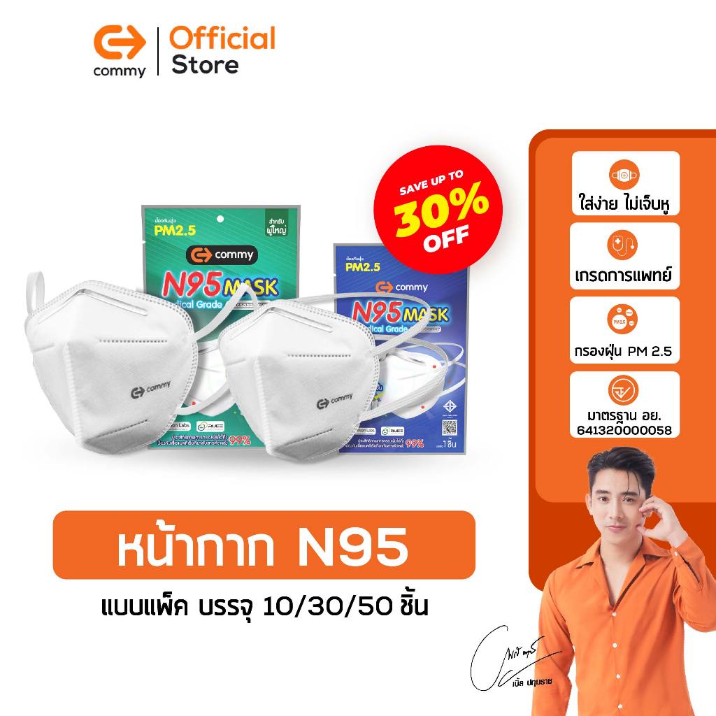 Commy หน้ากาก N95 MASK หน้ากากอนามัย แมสการแพทย์ แบบคล้องหู/หัว 1 แพ็คบรรจุ 10/30/50 ชิ้น แมส n95